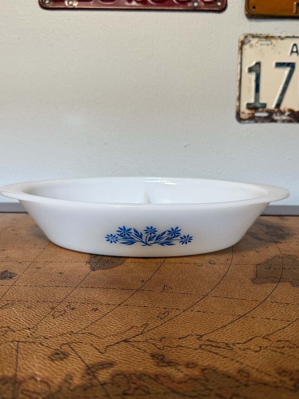 VTG Glasbake Milk Glass Divided Oval Casserole Dish with Blue Flower Pattern